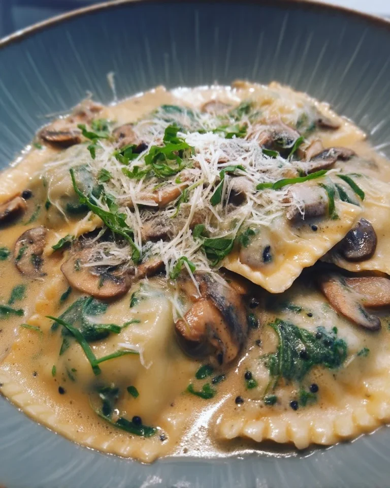 Raviolis farcis au fromage et épinards avec sauce aux champignons