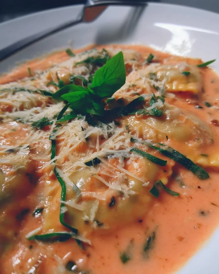 Raviolis farcis au fromage et épinards avec sauce rosée présentés dans une assiette