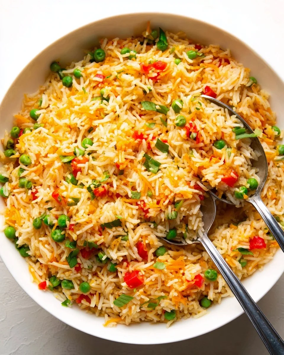 Plat de riz aux légumes colorés et savoureux, idéal pour un repas équilibré.