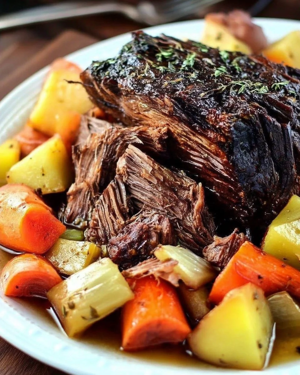 Rôti avec légumes préparé à la mijoteuse, plat savoureux et réconfortant.