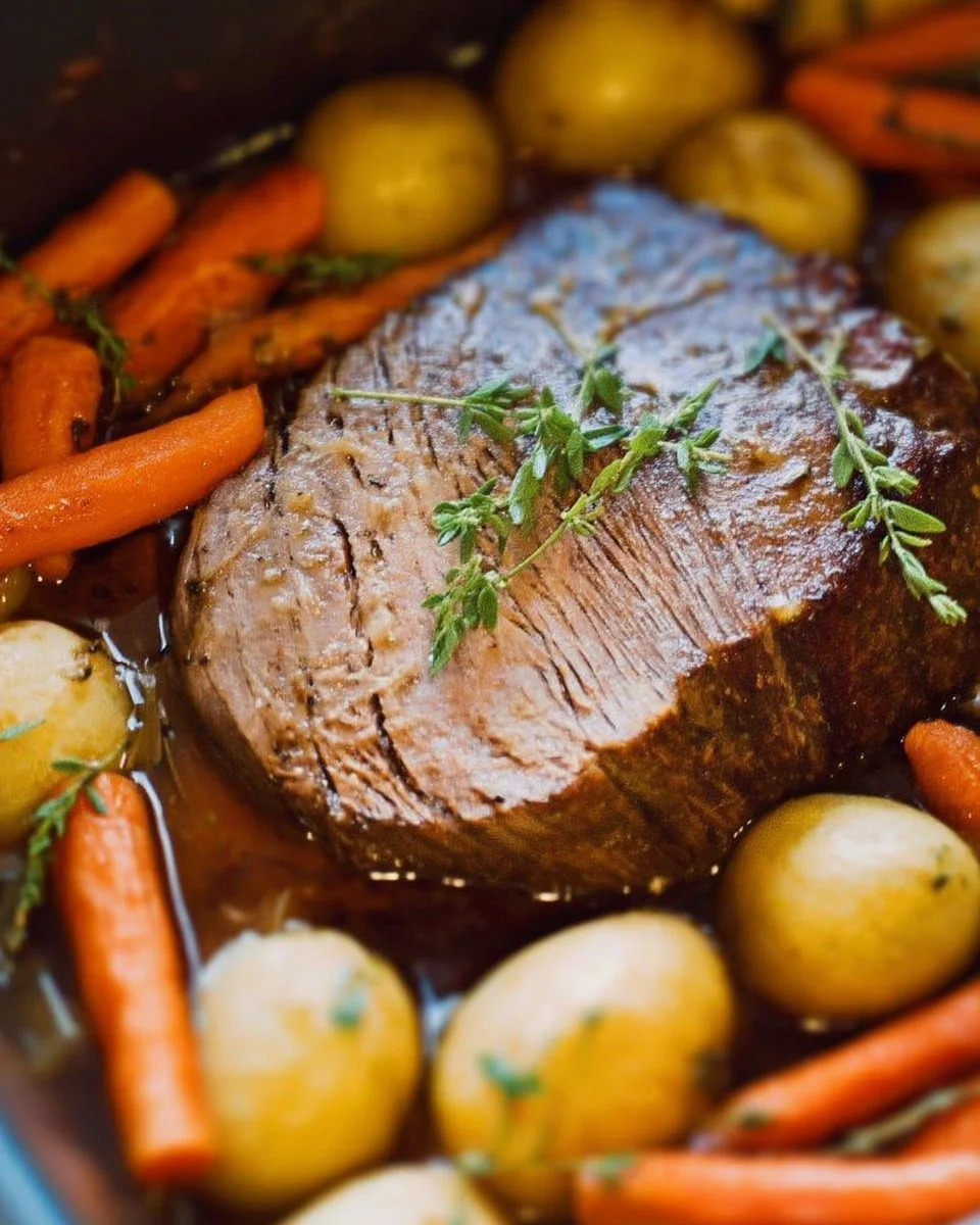 Rôti de bœuf cuit avec des patates et carottes selon la recette de grand-maman