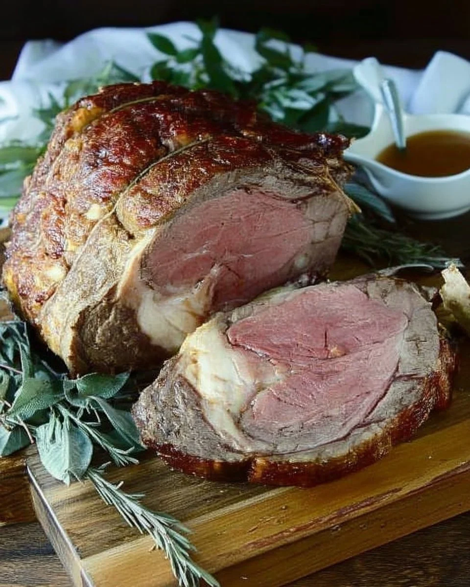 Un délicieux rôti de côte de boeuf au jus servi avec des légumes.