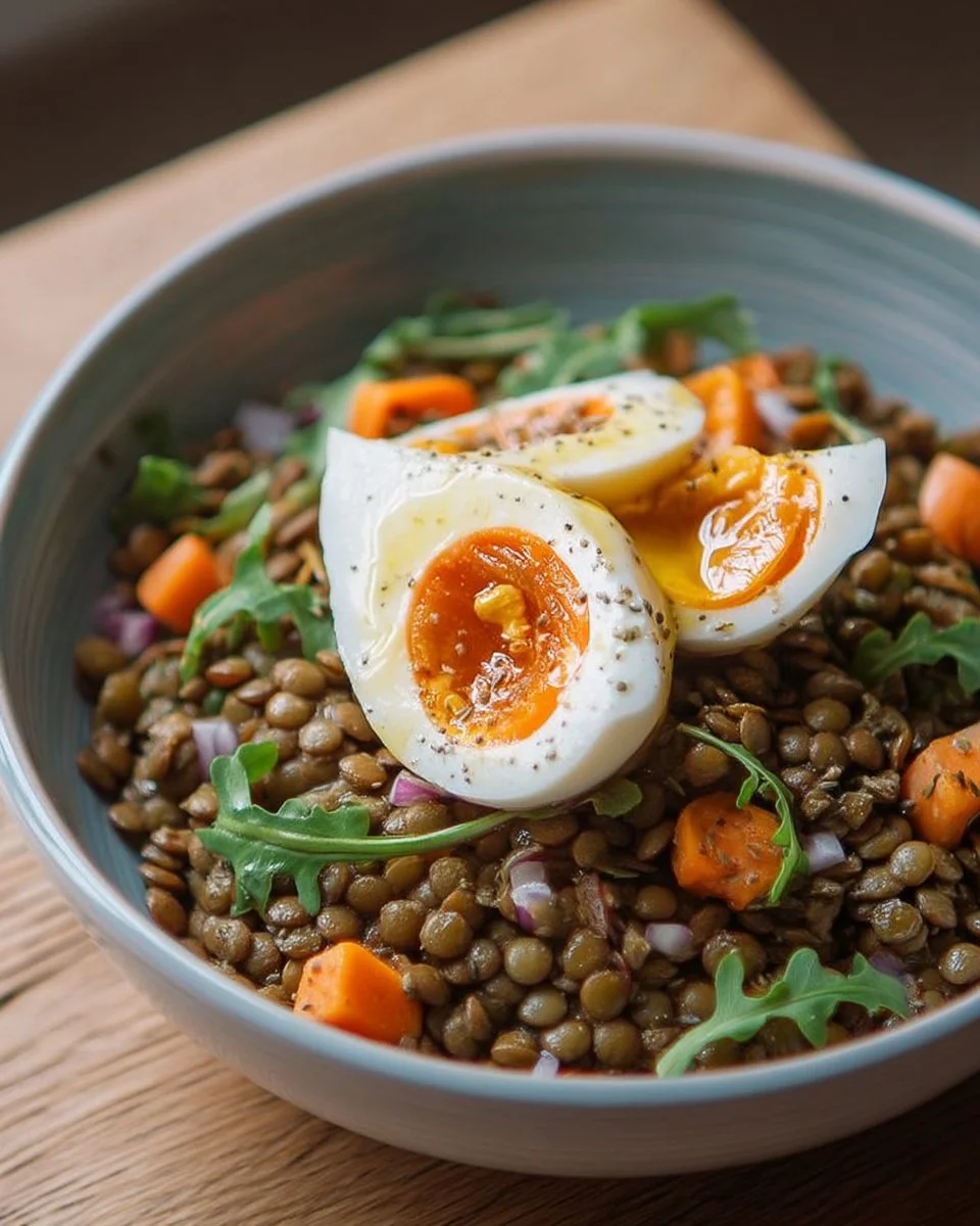Salade de lentilles garnie d'œuf mollet, prête à déguster.