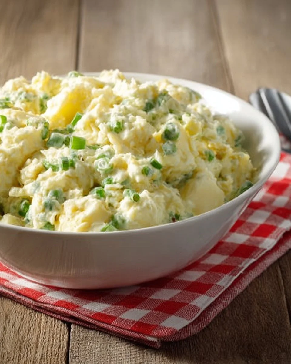 Salade de patates de maman dans un bol, savoureuse et bien garnie.