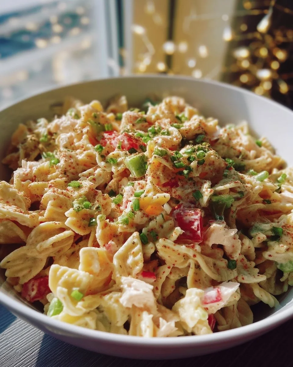 Salade de pâtes crémeuses avec goberge, plat frais et savoureux.