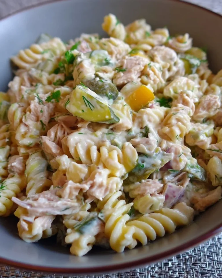 Salade de pâtes crémeuses au thon et aux cornichons, un plat frais et savoureux.