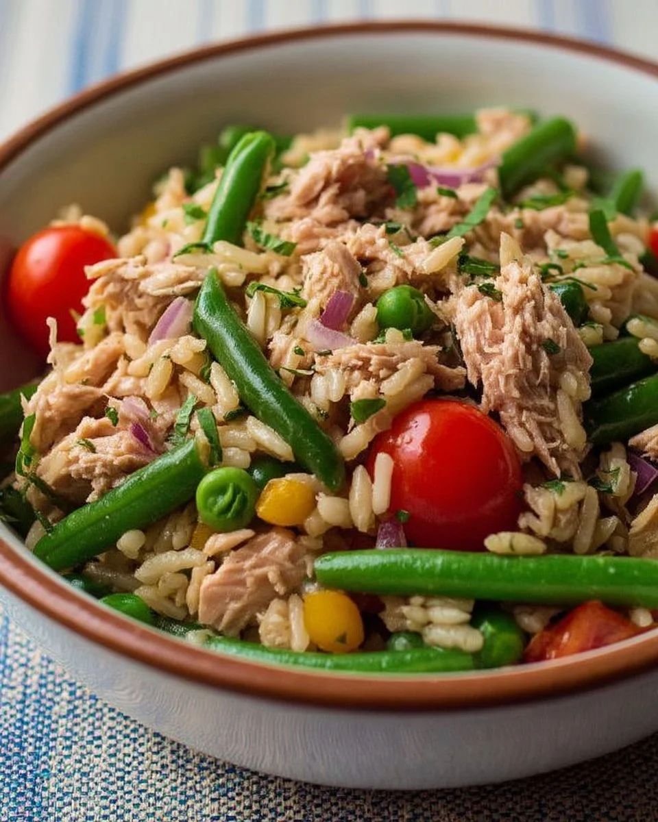 Salade de riz au thon et haricots verts servie dans un bol coloré