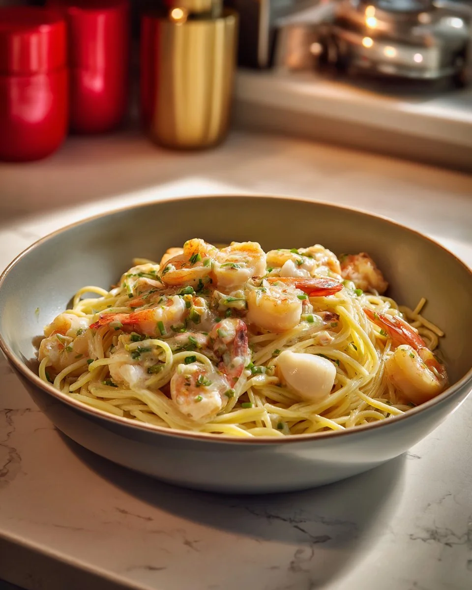 Sauce aux fruits de mer classique servie avec des fruits de mer et des légumes.