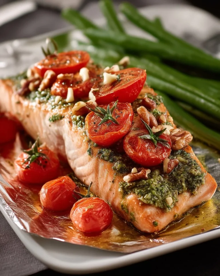 Saumon au pesto, tomate et pacanes en papillote, plat délicieux et coloré.