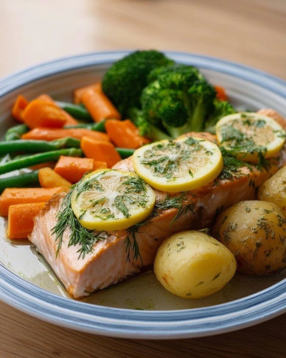 Saumon citron-aneth servi avec des légumes vapeur dans une assiette colorée.