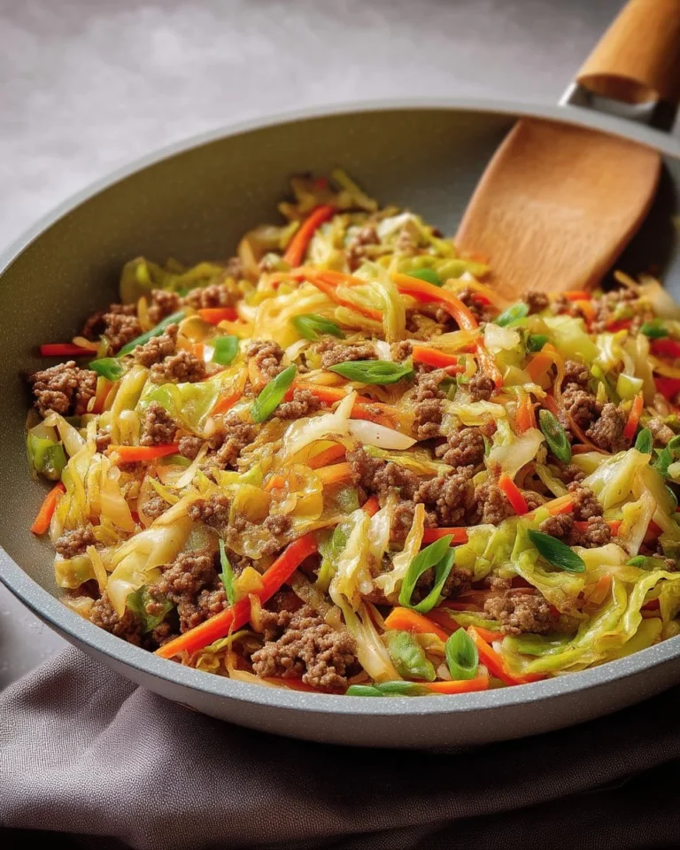 Sauté de chou et boeuf haché dans une poêle, plat savoureux et équilibré