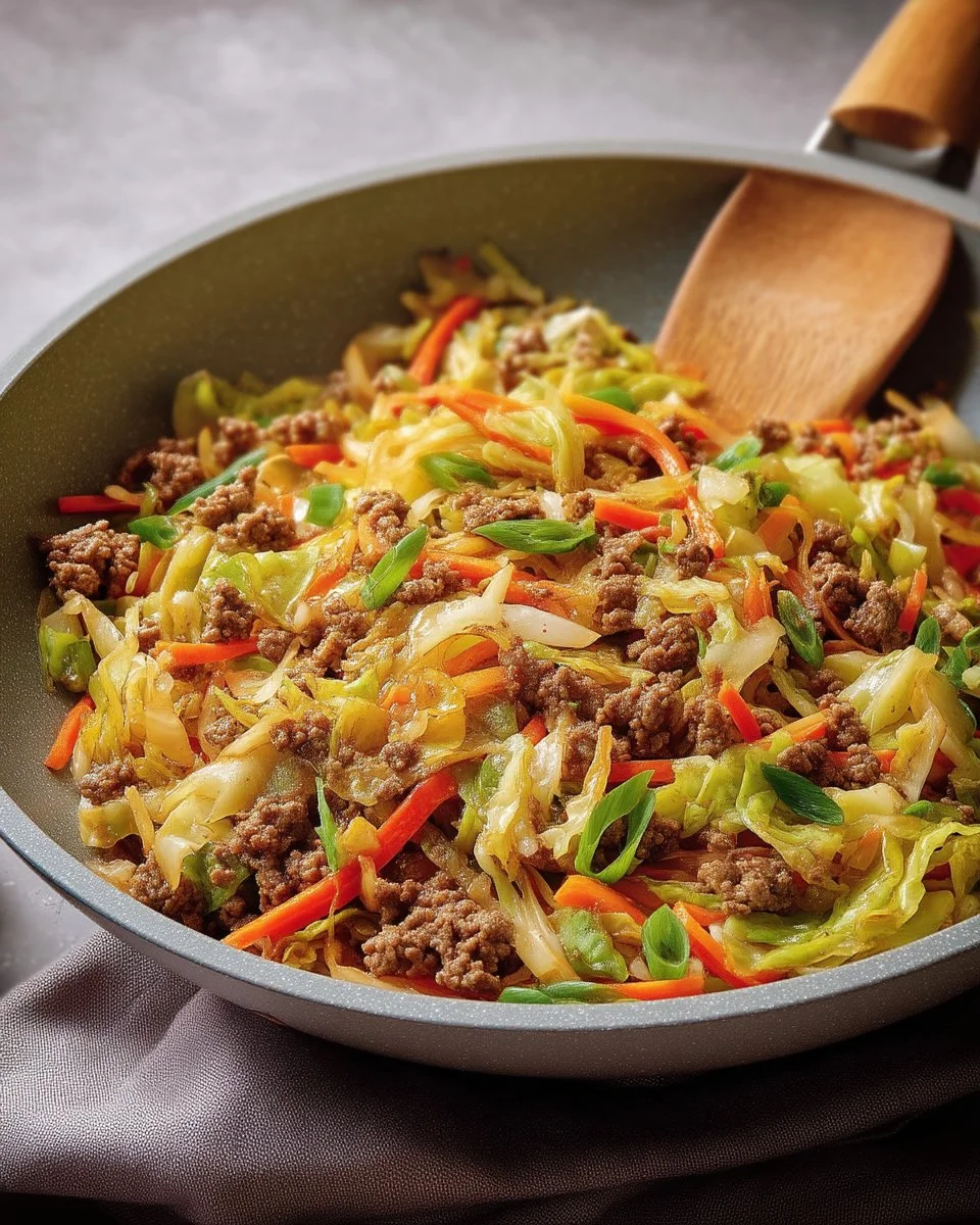 Sauté de chou et boeuf haché dans une poêle, plat savoureux et équilibré