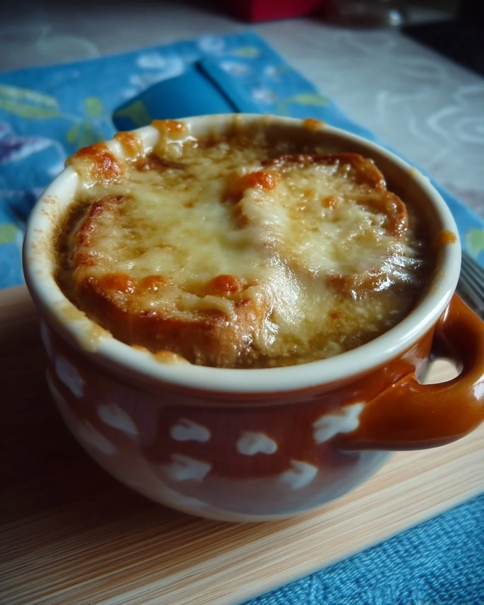 Soupe à l'oignon gratinée servie avec du fromage et des croûtons dorés