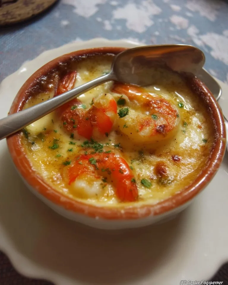 Soupe aux crevettes gratinée servie dans un bol, garnie de fromage doré.