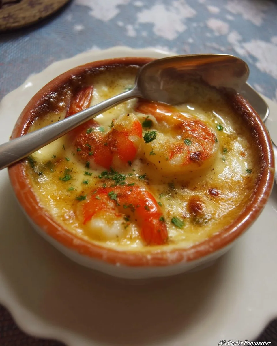 Soupe aux crevettes gratinée servie dans un bol, garnie de fromage doré.