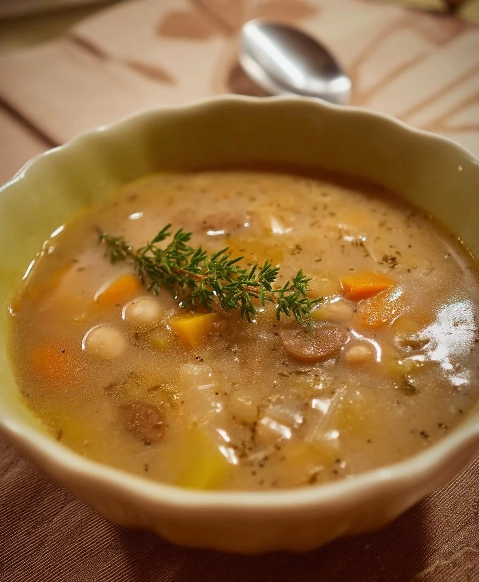 Un bol de soupe aux gourganes garnie de légumes frais