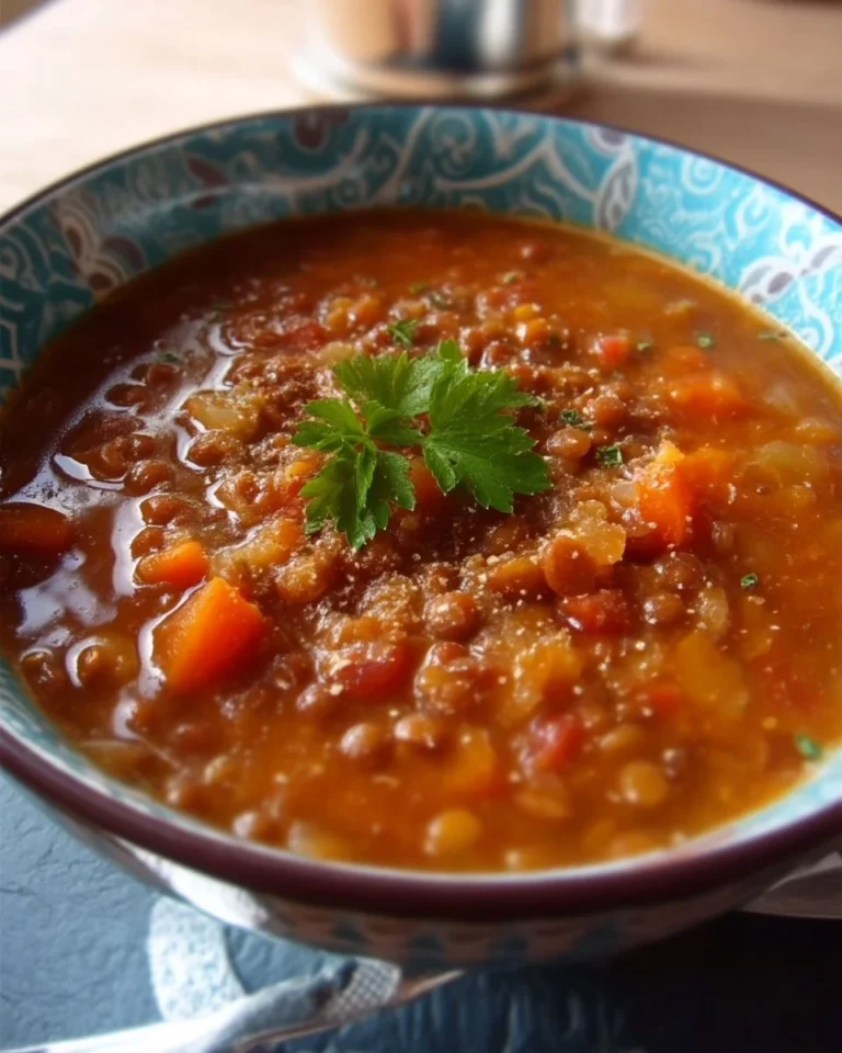 Soupe aux lentilles à la grecque dans un bol, garnie d'herbes fraîches.