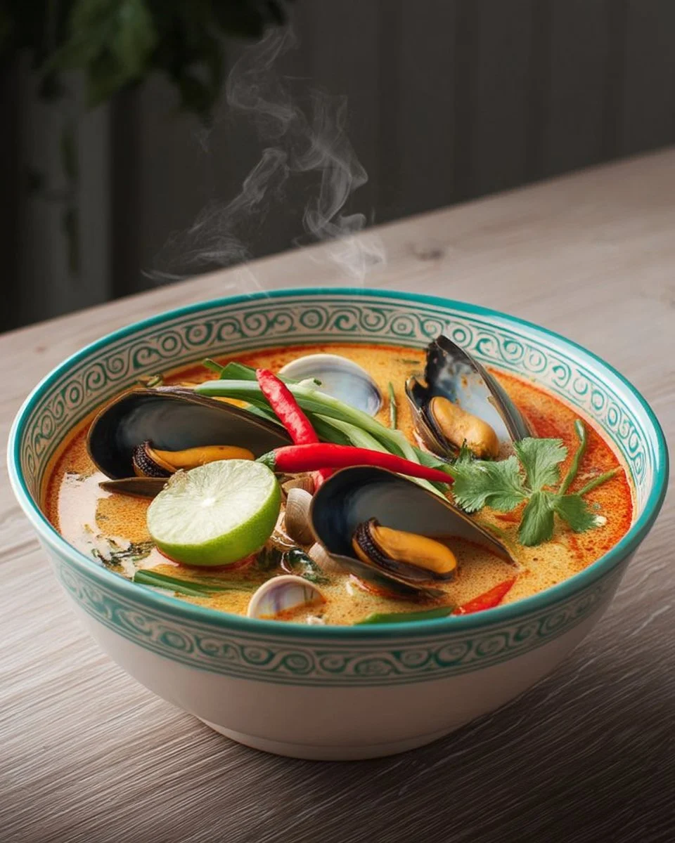 Soupe coco épicée avec moules et citron vert, un plat savoureux et réconfortant