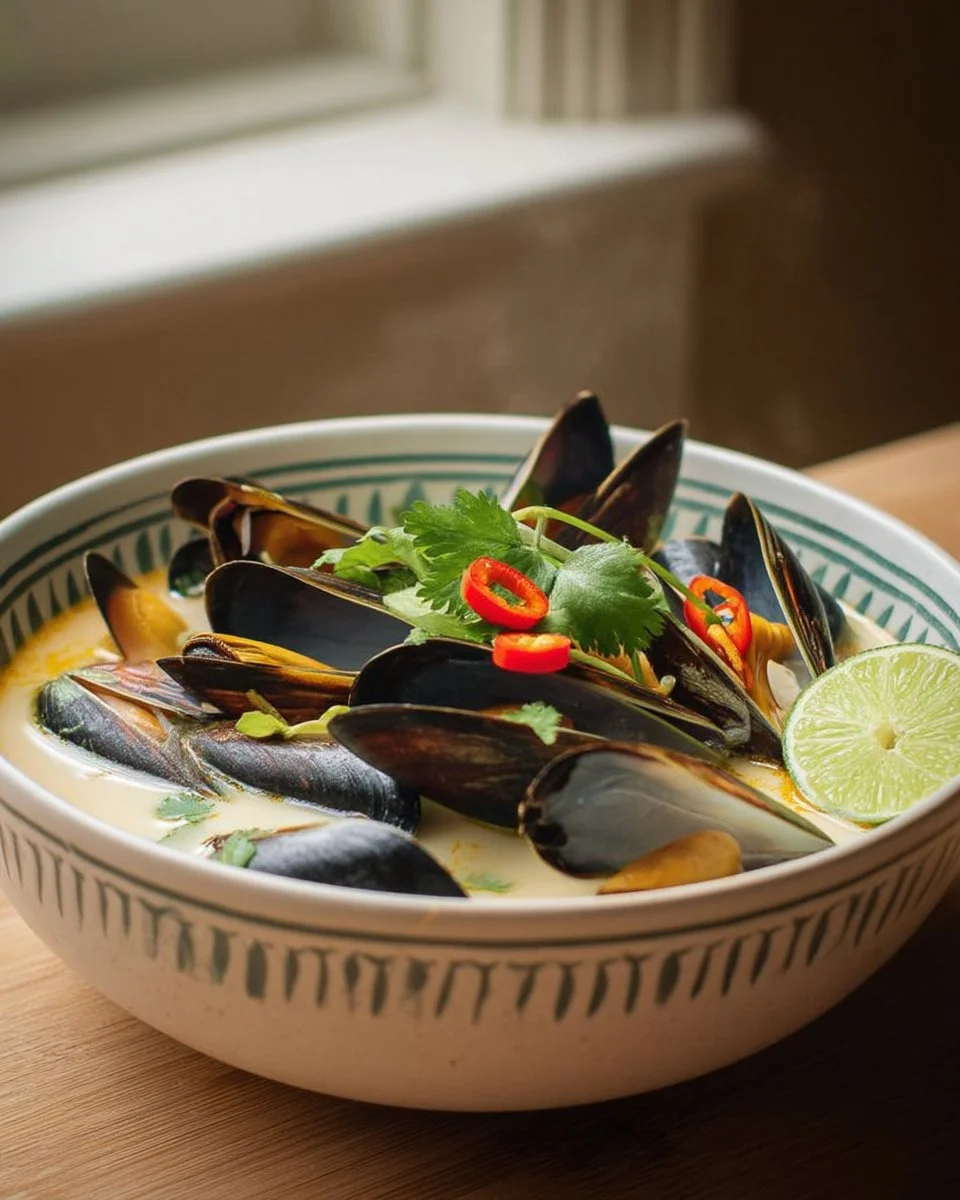 Soupe de moules à la noix de coco et citron vert servie dans un bol élégant