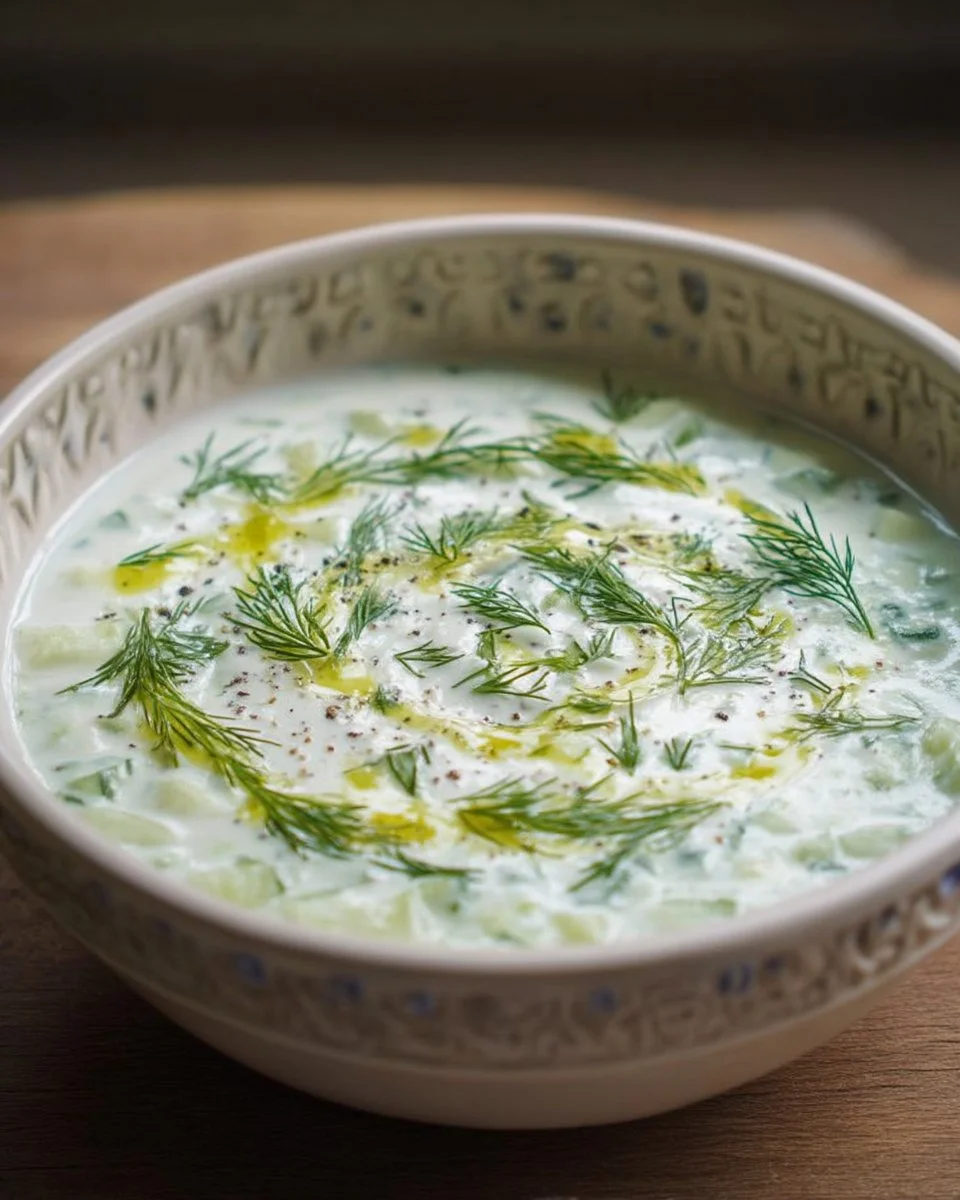 Soupe froide de concombre au yaourt et à l'aneth garnie de fines herbes