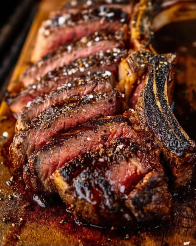 Steak Tomahawk grillé sur le BBQ avec des légumes en accompagnement.