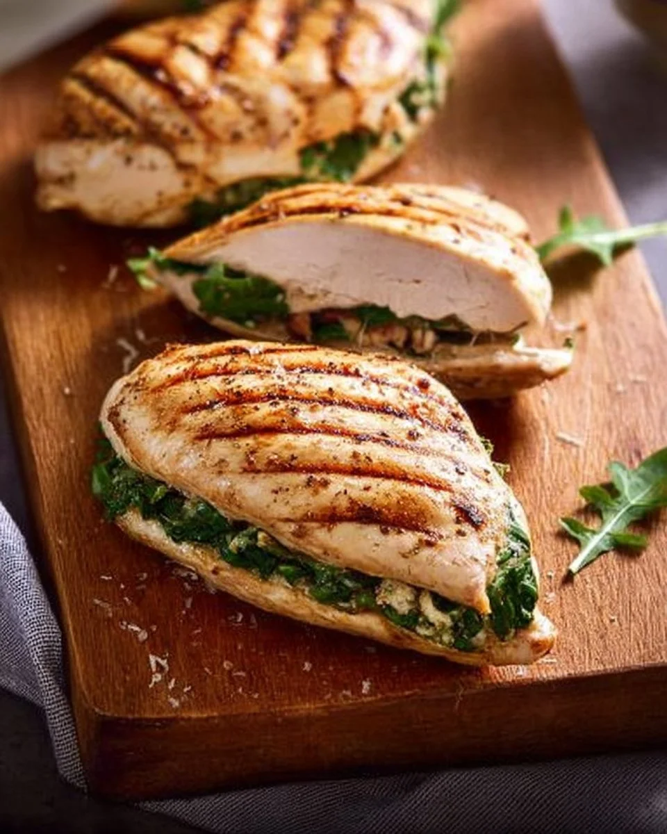 Poulet farci avec roquette et parmesan servi dans une assiette