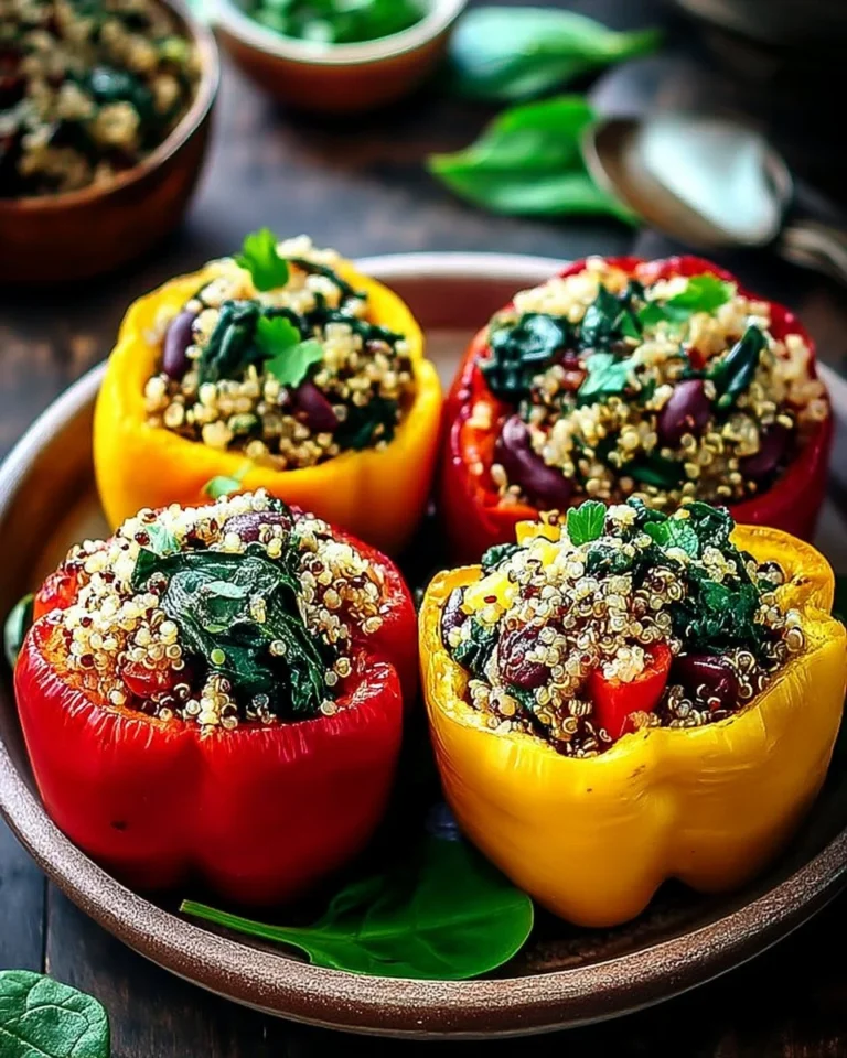 Poivrons farcis au quinoa et épinards, plat végétarien sain et savoureux.