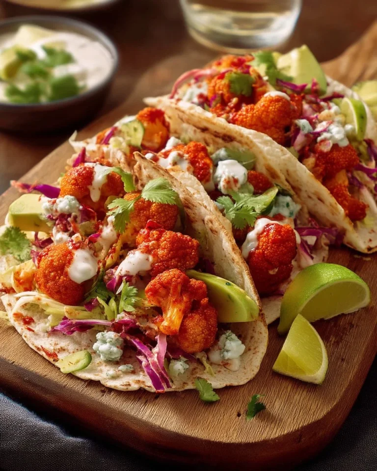 Tacos avec du chou-fleur Buffalo croustillant et garnitures colorées