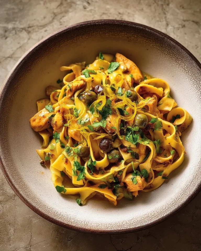 Tagliatelles avec poulet, olives et citron confit dans une assiette élégante