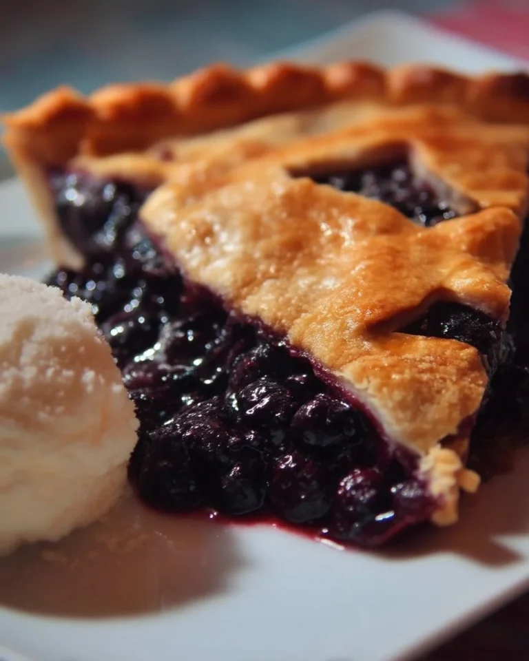 Tarte aux bleuets maison avec une croûte dorée et des bleuets frais