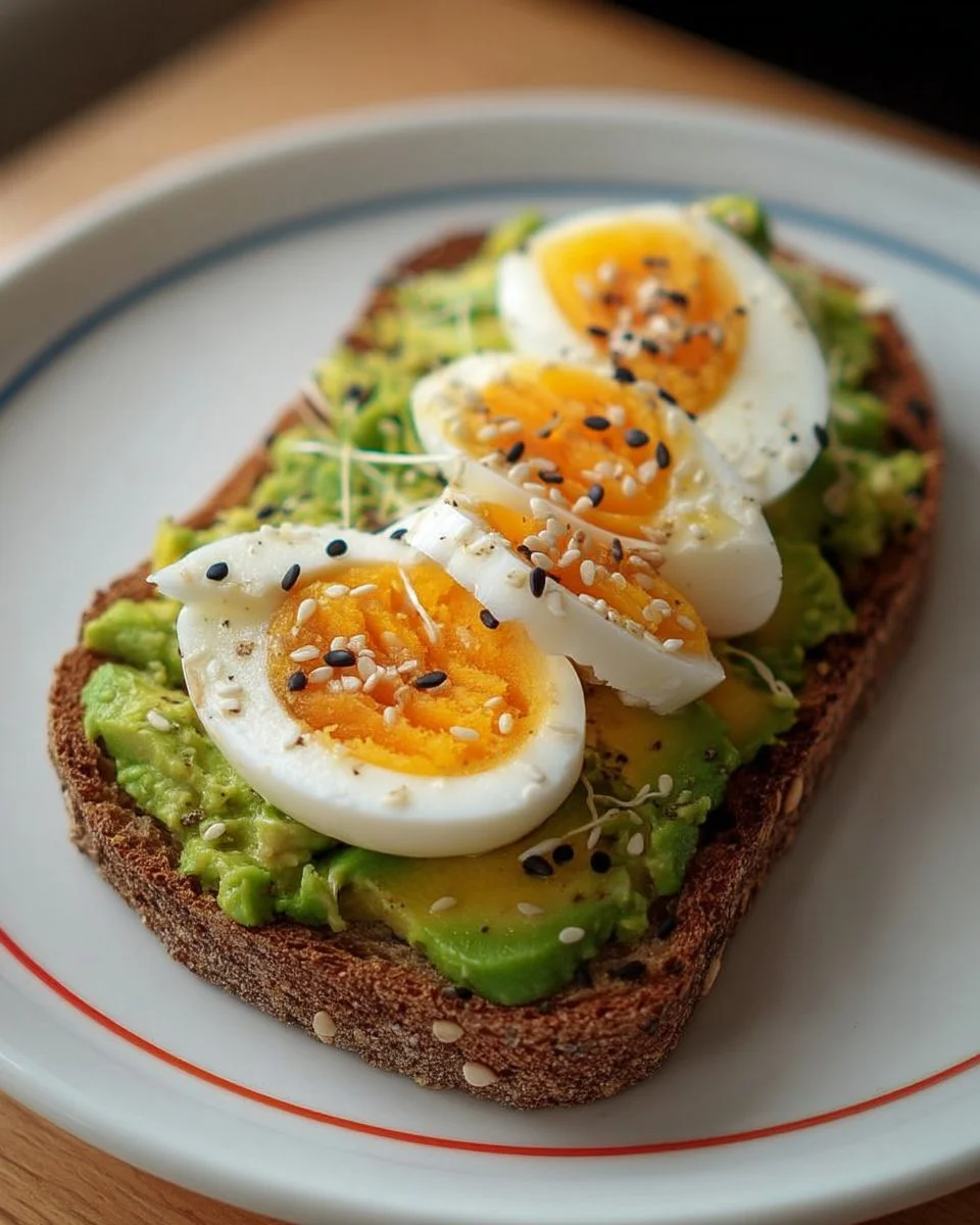 Tartine avocat avec œuf mollet au sésame et citron, plat savoureux et healthy
