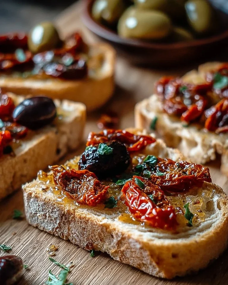 Tartines aux tomates séchées et aux olives servies sur une planche en bois