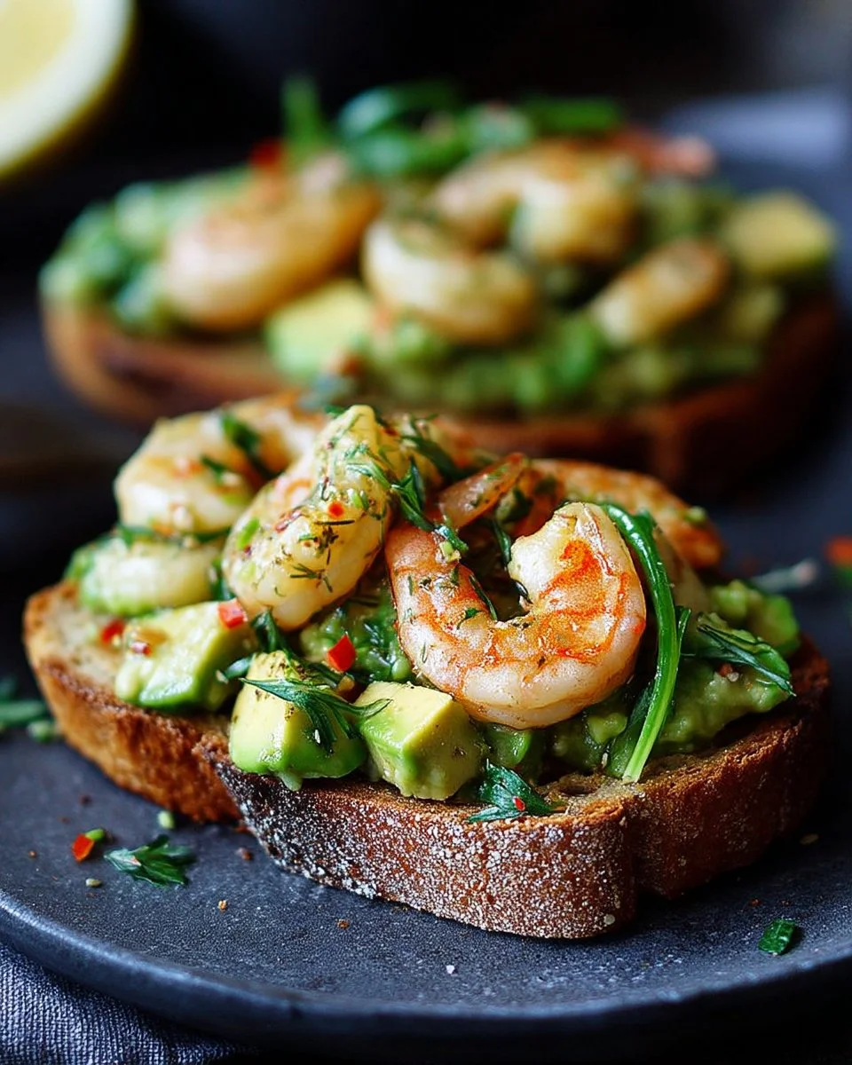 Tartines de pain de campagne avec avocat, crevettes et piment