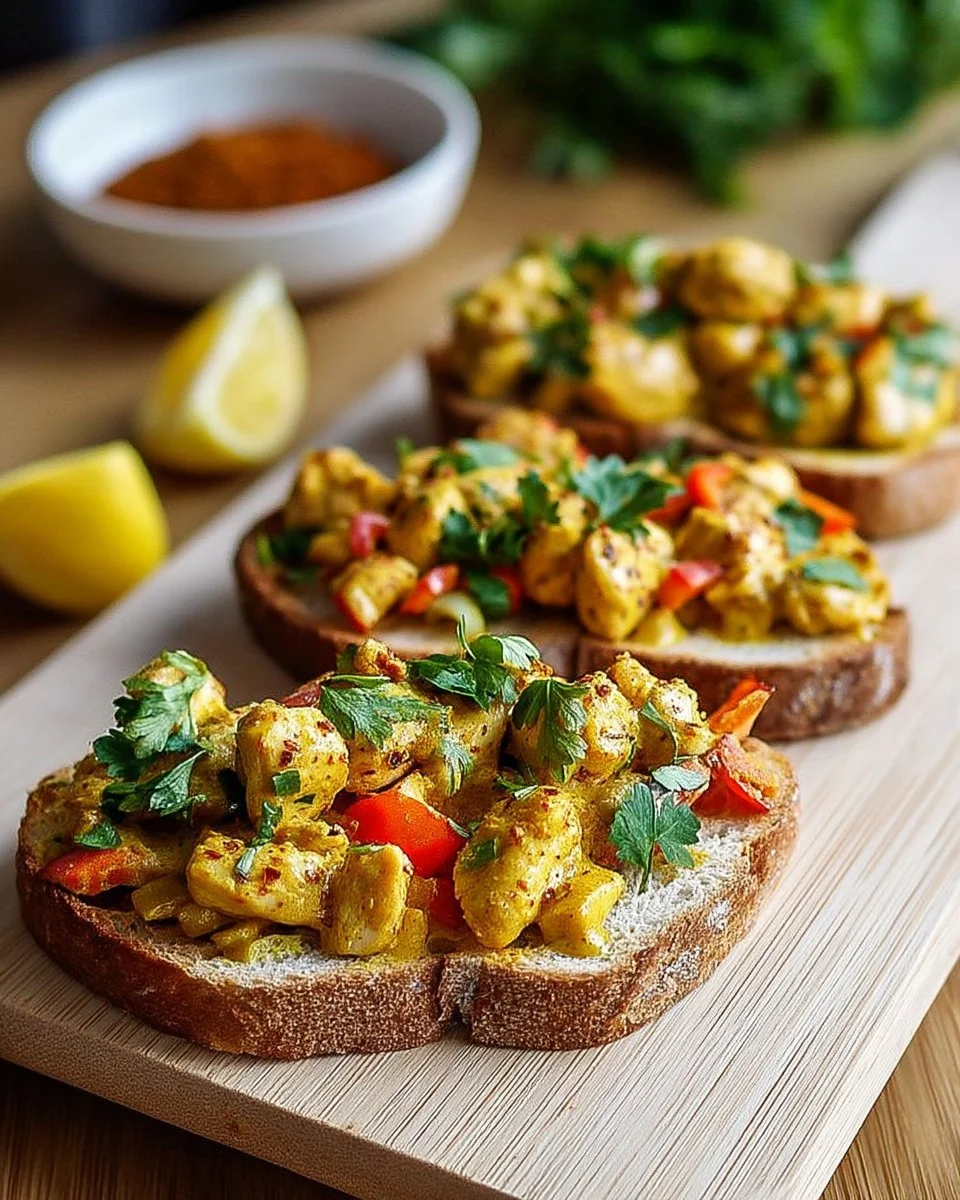 Tartines de poulet au curry avec légumes croquants sur une assiette
