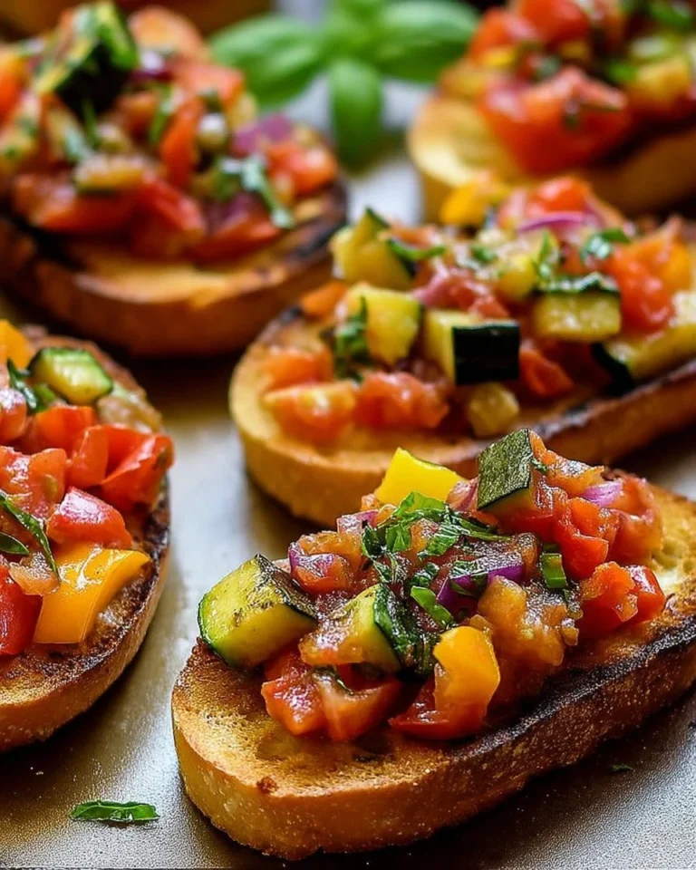 Tartines garnies de ratatouille sur pain grillé à l'ail, plat savoureux et coloré.
