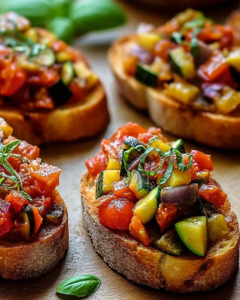 Tartines ratatouille sur pain grillé à l'ail, un plat savoureux et coloré.