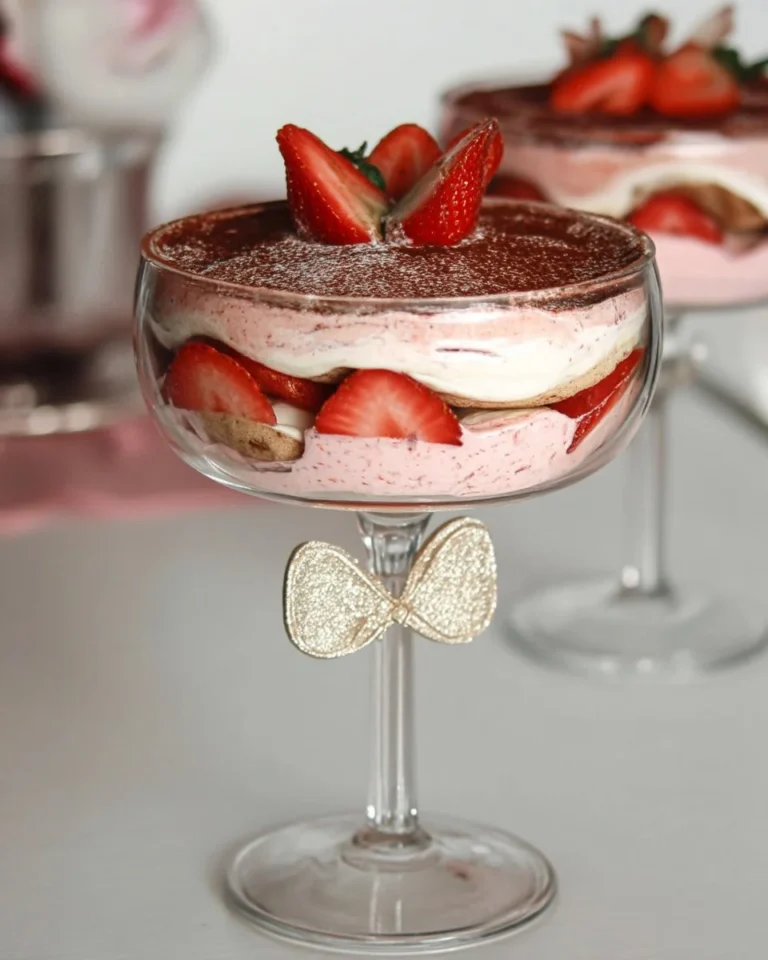 Tiramisu au yogourt et fraises délicieusement présenté dans un verre.