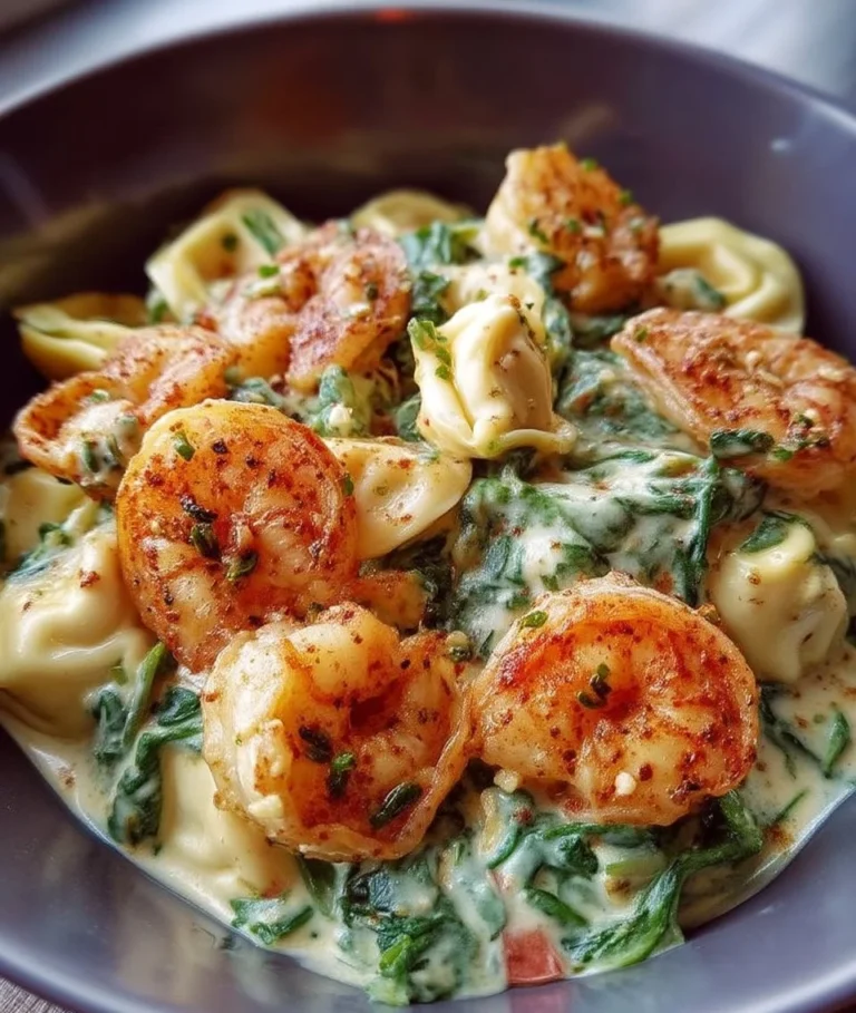 Tortellinis crémeux aux épinards et crevettes épicées Old Bay sur une assiette délicieuse