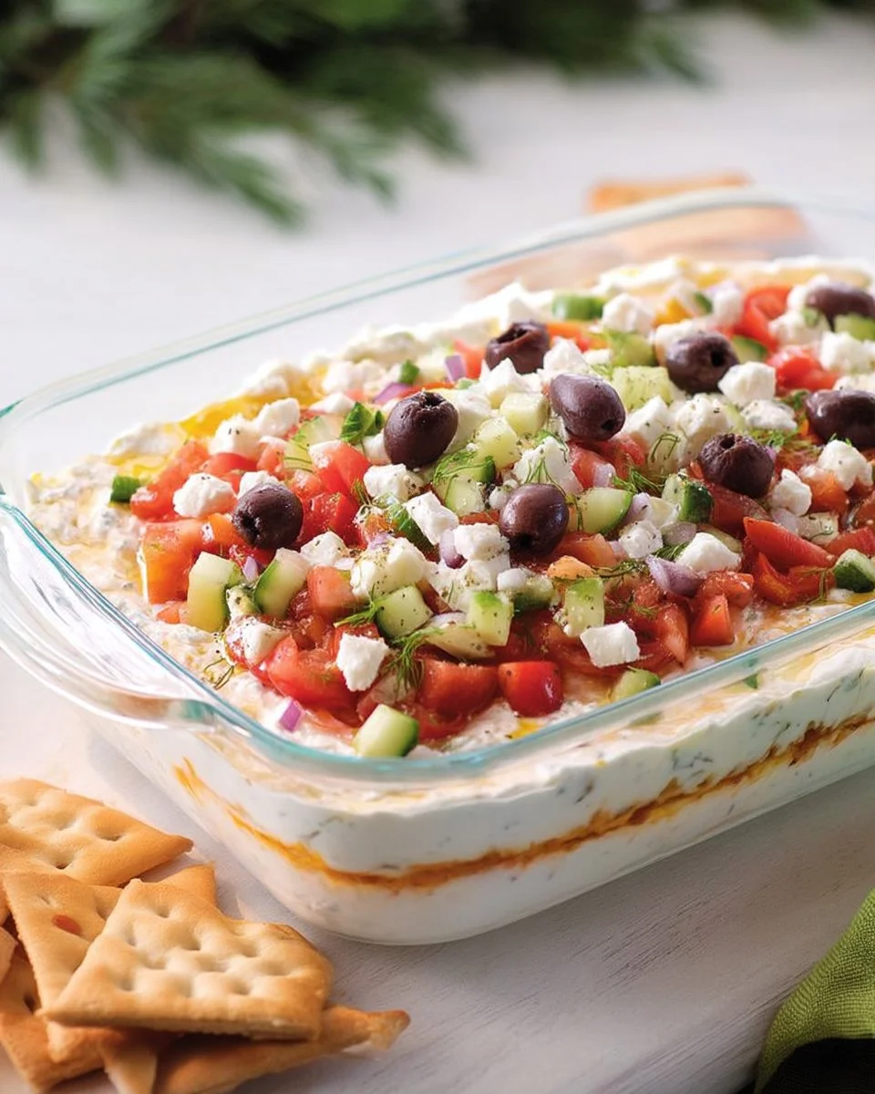 Trempette étagée à la grecque servie avec des légumes frais et du pain pita