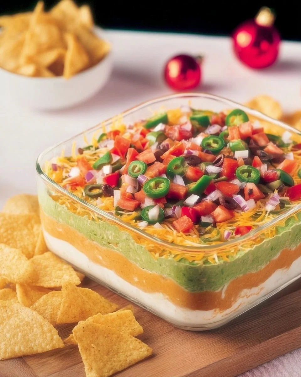 Trempette nachos étagée servie dans un plat coloré, garnie de légumes frais.