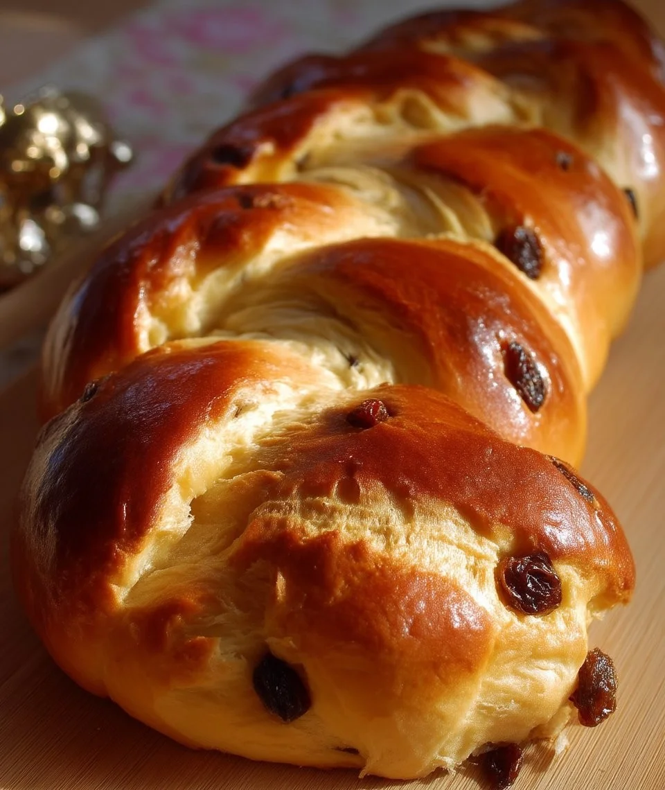 Tresse de pain aux raisins moelleuse et dorée, une pâtisserie française délicieuse