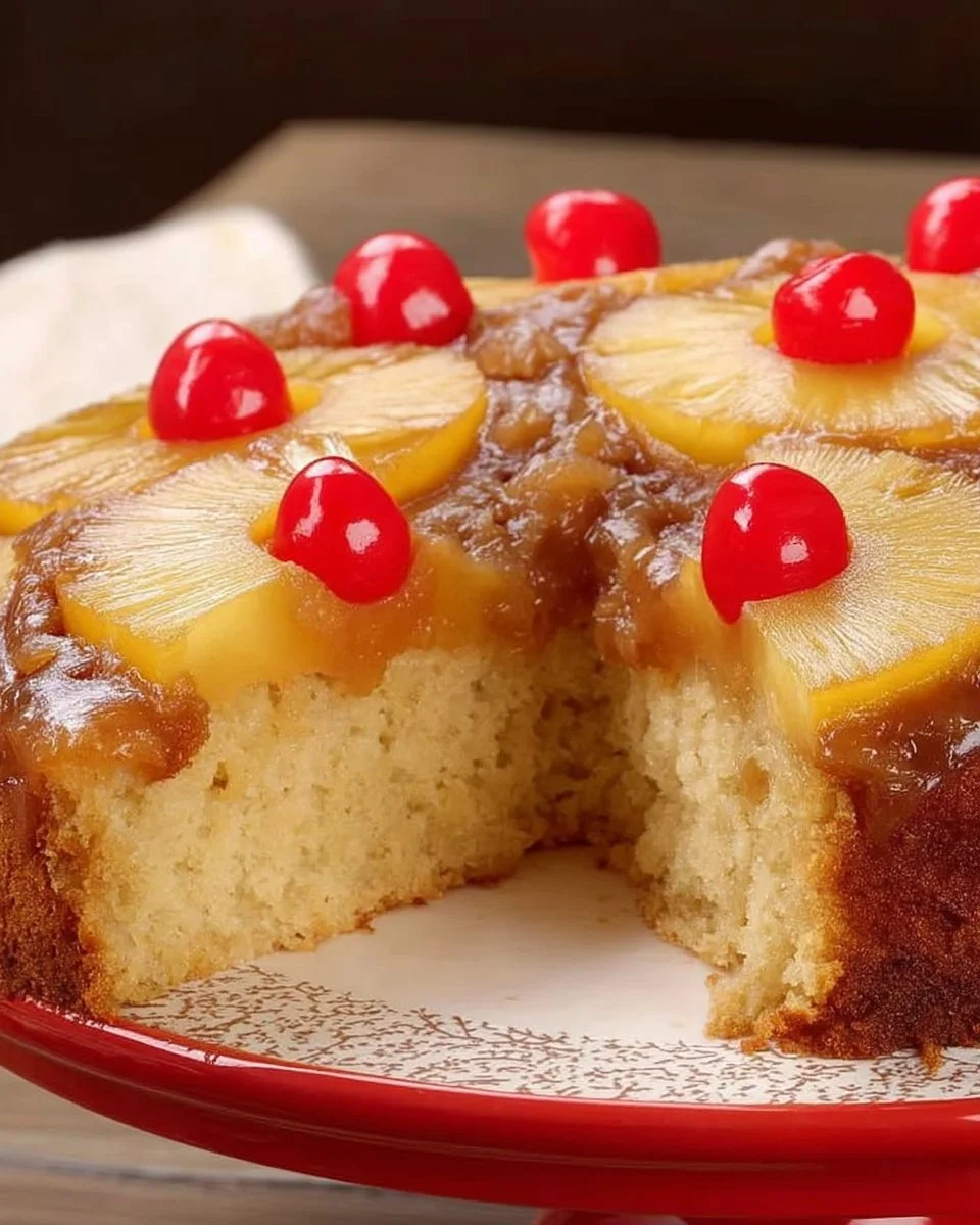 Gâteau renversé à l'ananas sur une assiette, décoré de tranches d'ananas.