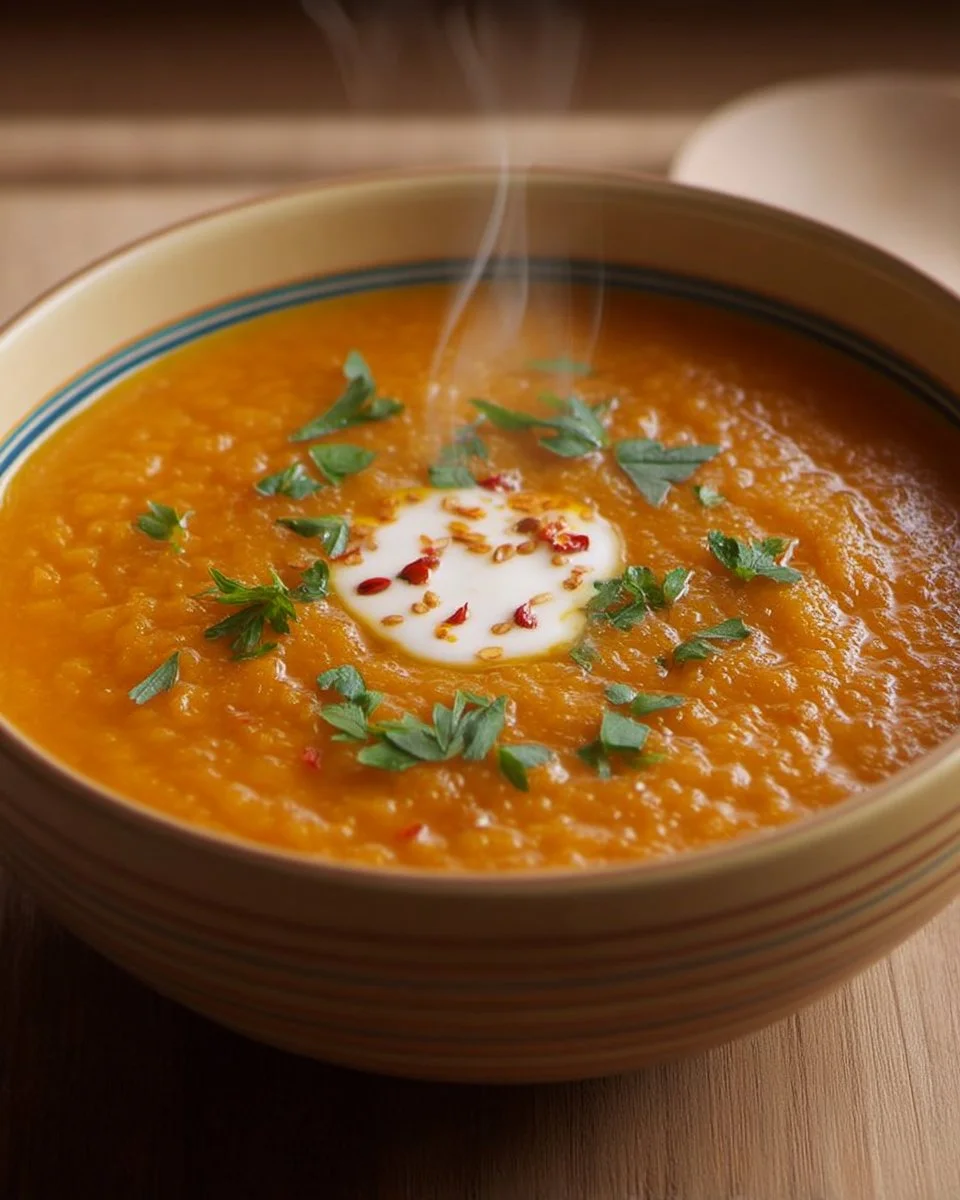 Bol de velouté de lentilles corail épicé avec garniture de coriandre