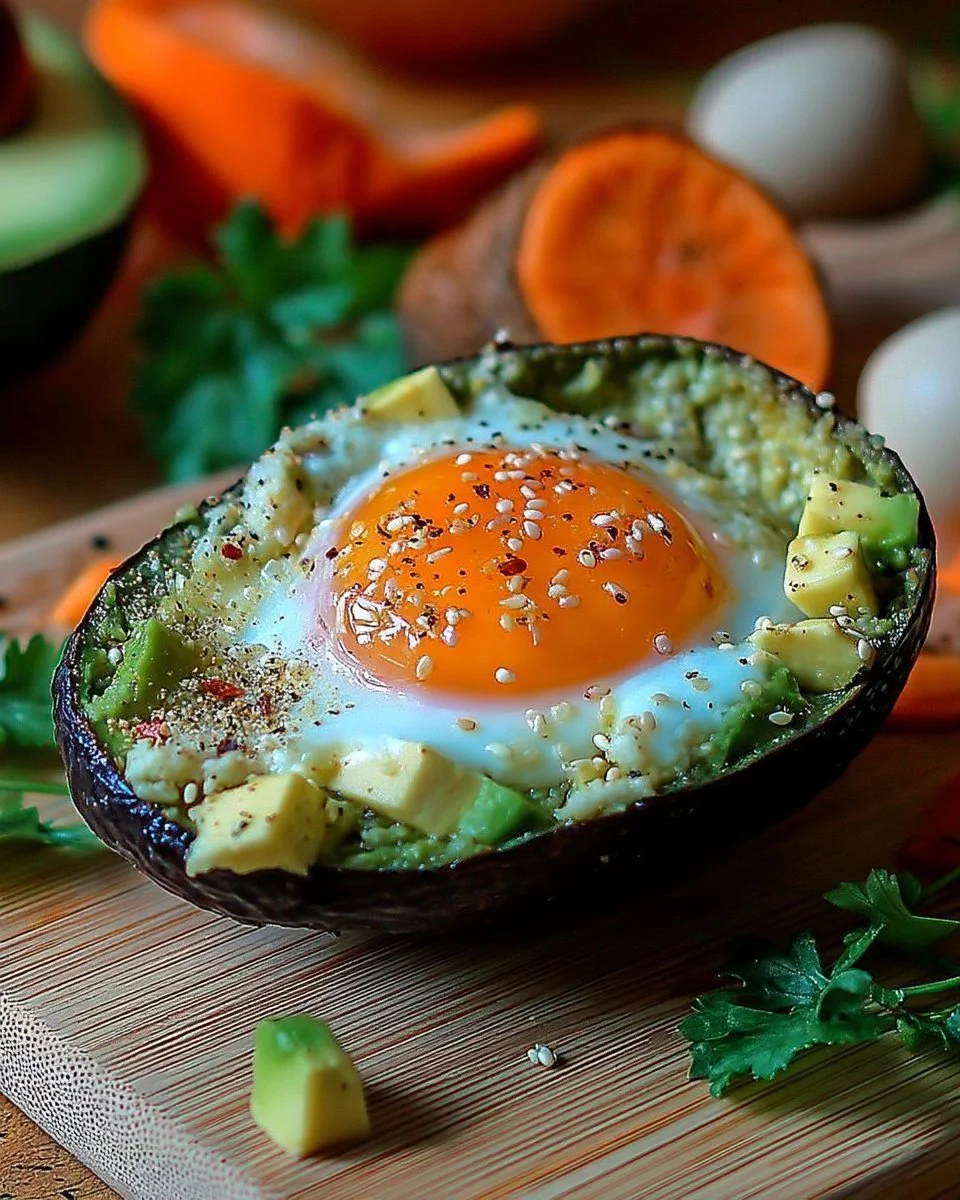 Avocat rôti au four garni d'œuf, plat délicieux et sain