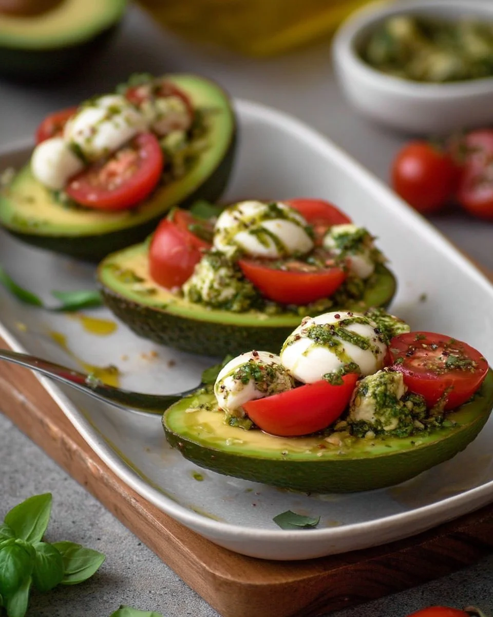 Avocats farcis à la caprese garnis de mozzarella et tomate