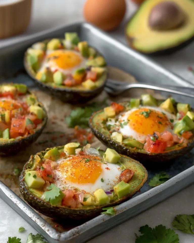 Avocats farcis au four garnis d'œufs, plat savoureux et nutritif.