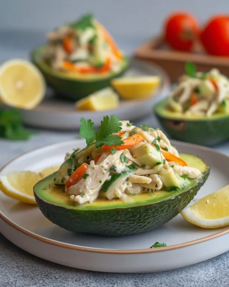Avocats farcis au poulet et crudités, recette saine et savoureuse.