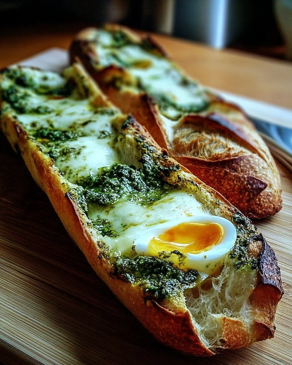 Baguette gratinée au pesto, mozzarella et œufs sortie du four