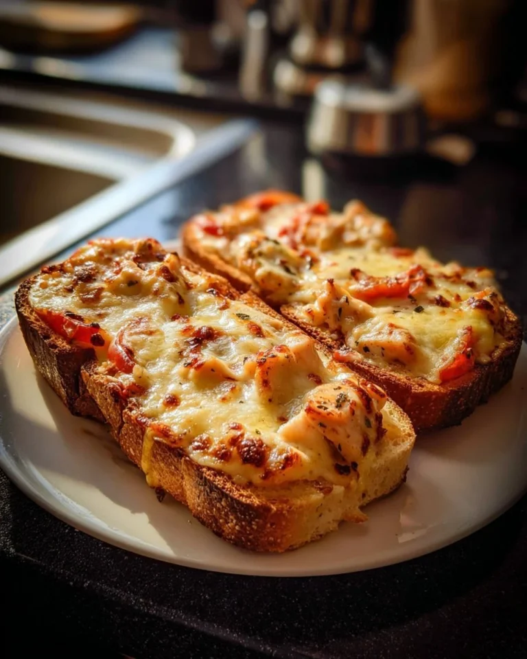 Baguette gratinée au poulet et fromage, un plat savoureux et réconfortant.