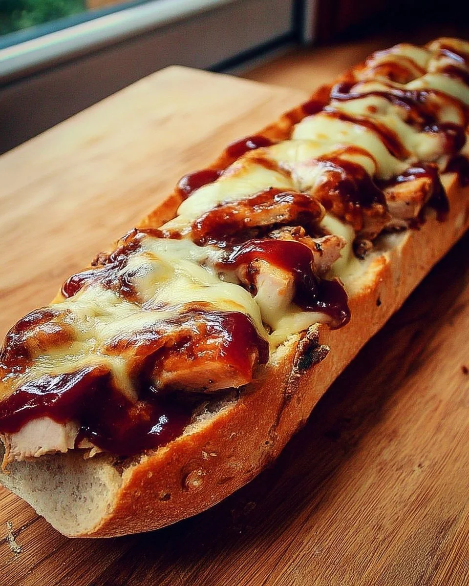 Baguette gratinée au poulet avec sauce barbecue et fromage fondu
